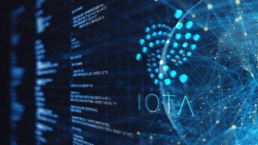 Iota logo and name in blue on background of screen with numbers and web