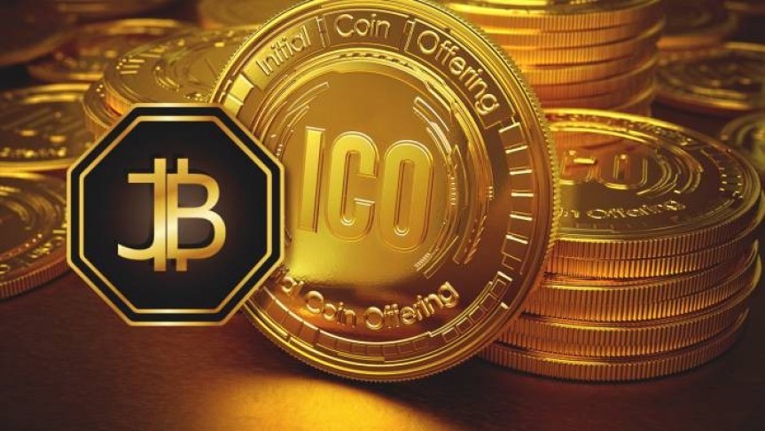 Jinbi coin logo in front of a stack of gold coins labeled ICO