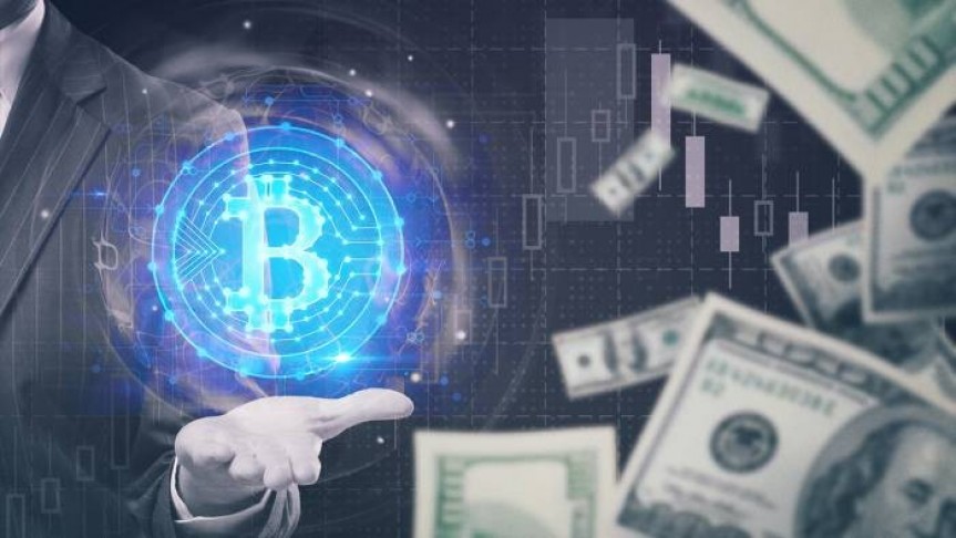 man in suit holding out hand, big Bitcoin coin glowing in blue with halo floating above man's hand, USD bills scattered on the right.