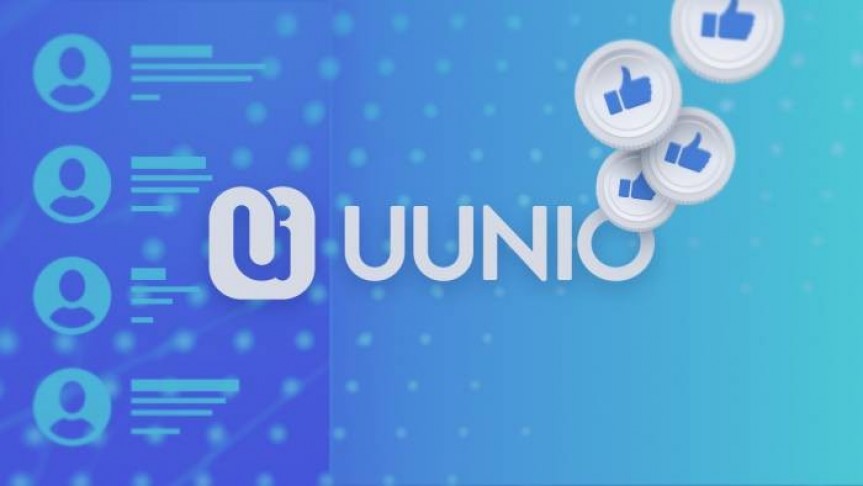 UUNIO logo and name on blue and turquoise background, thumbs-up white coins floating on the left, profile template in a column on the left