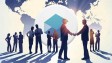 business people scattered on background of sunset and world map, two men at the front shaking hands. CryptoBrick logo in white circle.