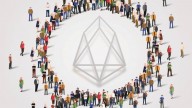 drawing of people standing in a circle around EOS logo, white background