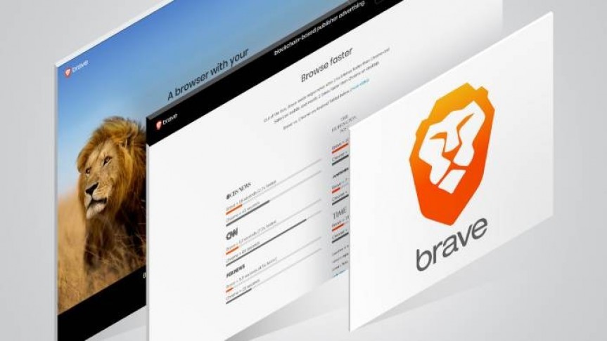three cards in line. Last card shows image of lion in a safari, second shows browser results, first shows Brave orange lion logo