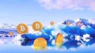 Icebergs surrounded by lake, clouds reflecting in the water, Bitcoins floating around