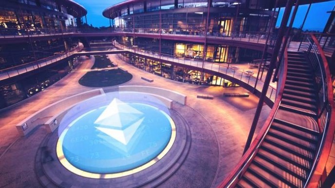 Stanford blockchain research campus, blue Ethereum logo in the center, stairs on the right, glass-window buildings around