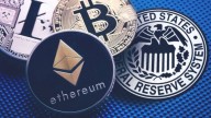 Three coins representing Ethereum, Bitcoin and Litecoin over a US patch