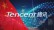 Tencent English and Chinese name on background of red flag with stars, blurry net and skyscrapers