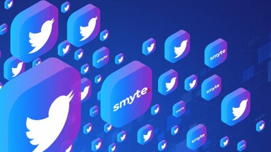 Twitter and Smyte logos on floating square blue-purple buttons