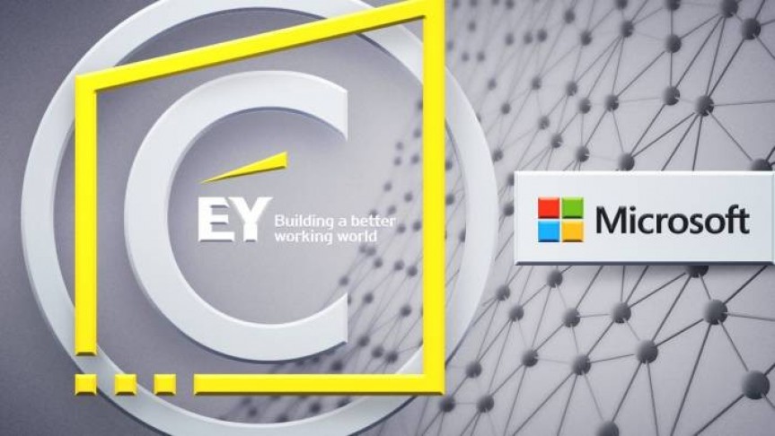 Microsoft name and logo next to Ey name and logo surrounded by yellow square on background of grey net