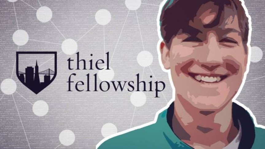 Peter Thiel photo-drawing smiling in green shirt, grey background with connected white dots, thiel fellowship name and logo