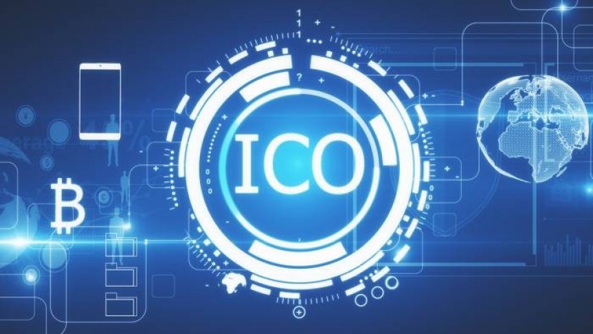 ICO in white surrounded by glowing digital coin in white. Bitcoin logo and smartphone on the left, earth on the right. Blue background