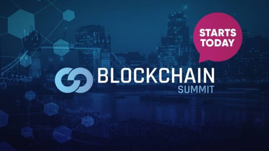 Blockchain summit name and logo, pink thought bubble that says Starts Today, a picture of London in the background in dark blue