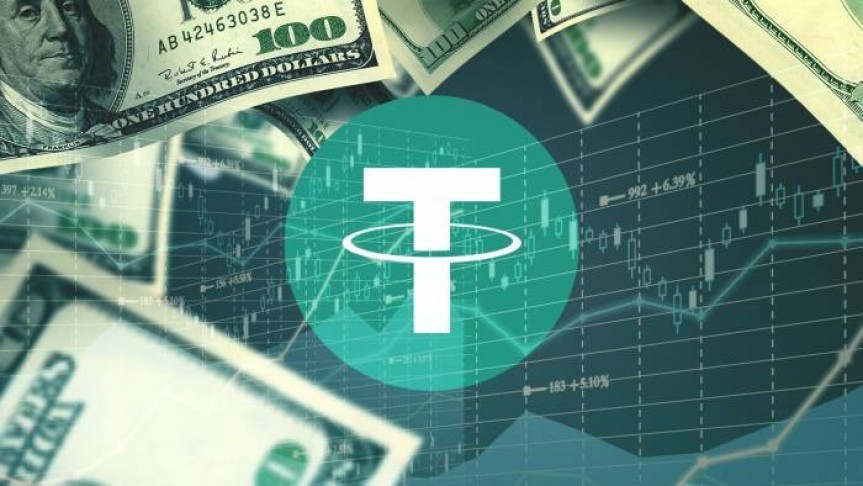 Tether logo in green surrounded by 100 dollar bills on background of opaque graph