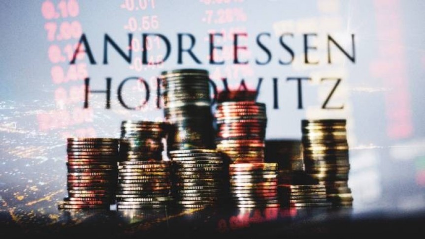 stack of gold coins on background of city lights and Andreessen Horowitz's name