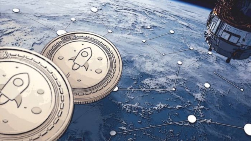 two Stellar coins in space, looming over a blue planet, connected white dots spread across the planet and spaceship on the right