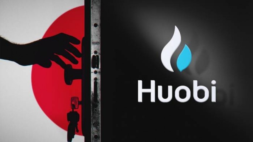 Huobi name and logo on black background on right, black hand reaching for door handle on the left, Japan's flag in the background