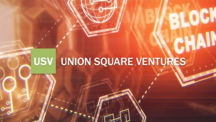 USV logo in green, Union Square Ventures name in white, orange yellow background showing connected blocks with different symbols inside