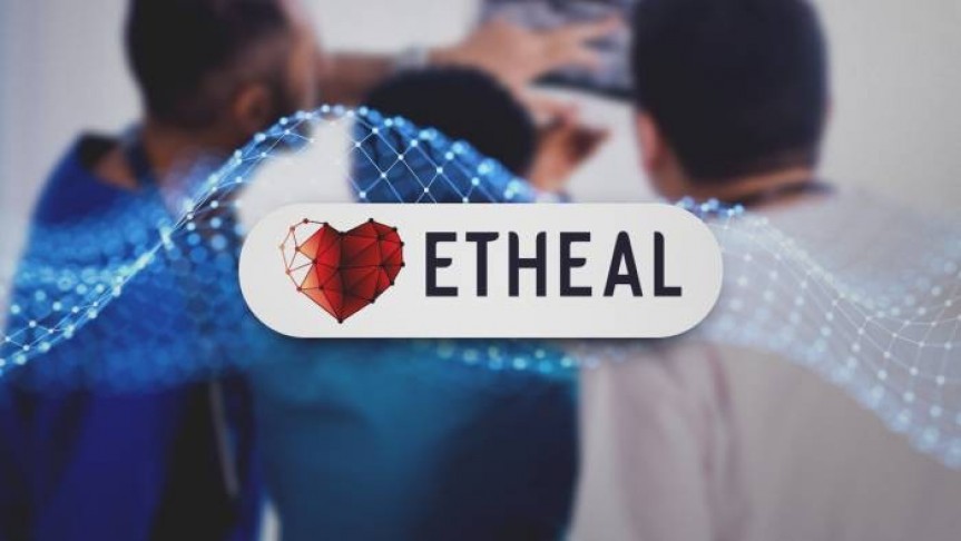 ETHEAL name and logo in white ellipse, wavy graph and three people pointing to a blurry picture i the background