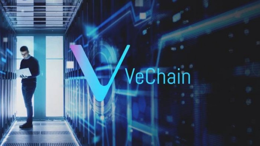 VeChain name and logo in purple-blue. In the background man with glasses standing in storage room holding a computer.