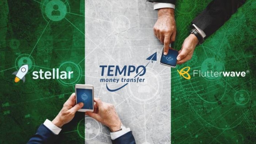 two men holding smartphone with Tempo's logo in them, Tempo, Stellar, and Flutterwave's names and logos, green and white background