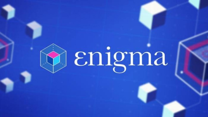 Enigma's name and logo on purple-blue background. Squares connected by net floating around.