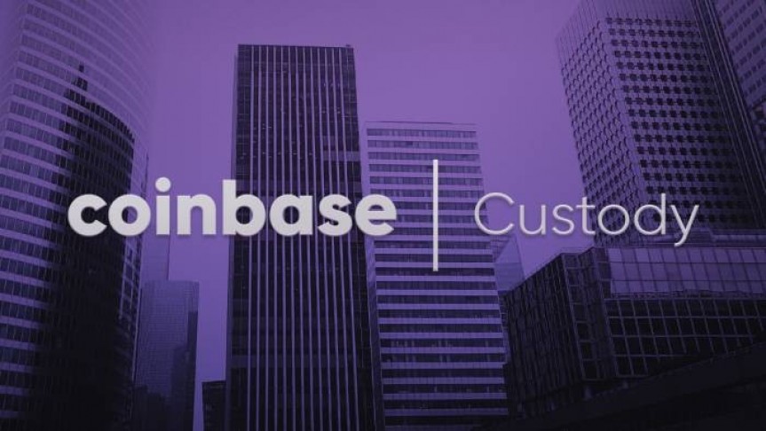 Coinbase and Custoday names in white-grey, on purple-black background of skyscrapers