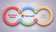 Microsoft, Shenzhou Digital and High Cool in blue, green, yellow and red connected circle. Grey background with net