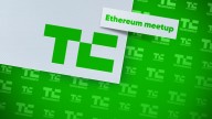 Tech Crunch Logo and Ethereum meetup in green on white card, on green background of TC logos,