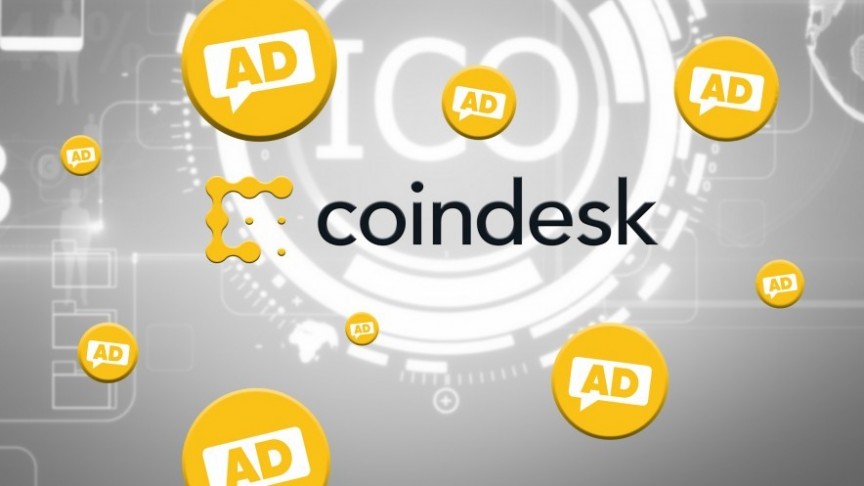 Coindesk yellow logo, floating yellow AD bubbles, ICO coin in white on grey background