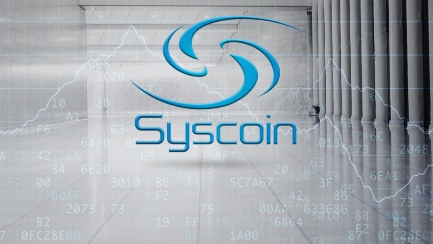 Syscoin name and logo in blue on grey background showing large foyer and market graph