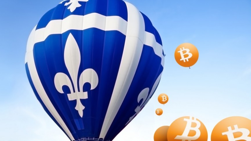 Blue hot air balloon on blue sky background, Bitcoin orange balloons floating around