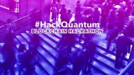 #HackQuantum Blockchain Hackathon title, on blue-purple background of people walking up and down steps