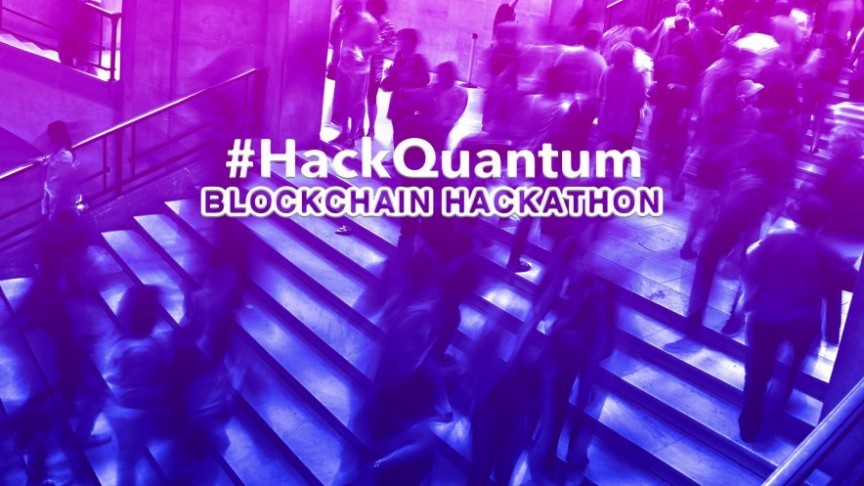 #HackQuantum Blockchain Hackathon title, on blue-purple background of people walking up and down steps