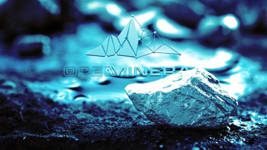 Open Mineral logo in blue on blueish background of earth and rocks