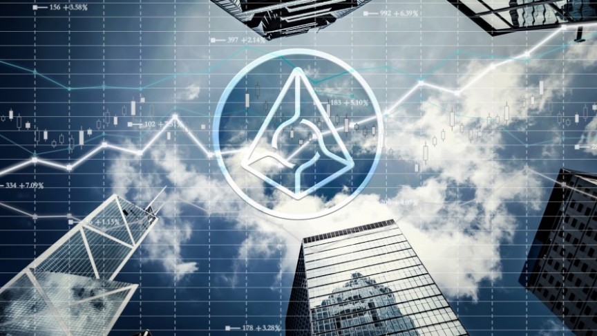 Augur logo on background o fskyscrapers, clouds and graph