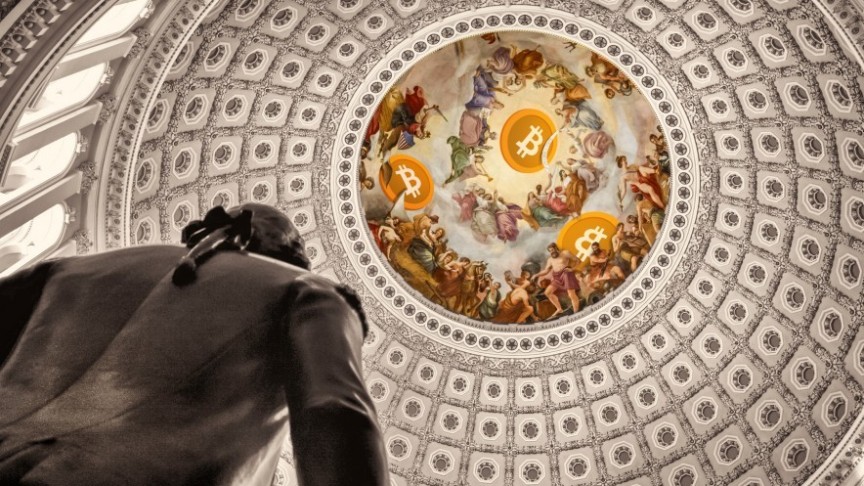 statue under dome with classic renaissance painting and Bitcoin logos