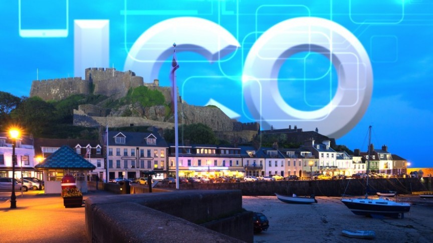 a row of houses and street lamps on the beach in the evening, 2 boats, ICO sign on the background of blue sky