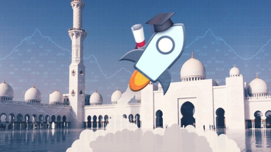 Stellar rocket logo with graduation hat and diploma flying over white mosque