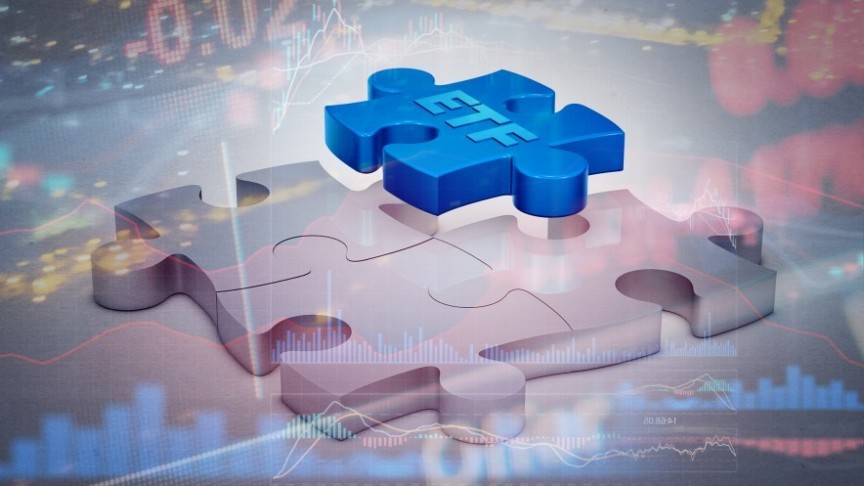 three puzzle pieces and one blue, separate piece showing ETF sign. 