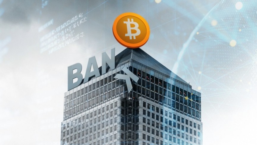 Grey building with BANK sign, with the K falling off, Orange Bitcoin sign on roof.