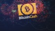 bitcoin Cash name and logo in yellow on background of red fireworks