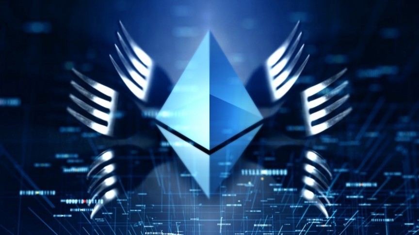Ethereum logo in blue, forks coming out of it, dark blue background