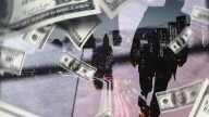 shadow of a man walking in blurry street, dollar bills floating around