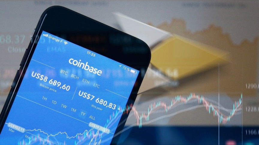 Coinbase app showing in blue on smartphone