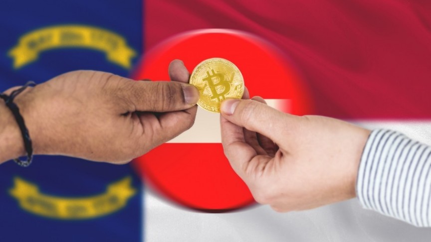 gold bitcoin changing hands, on background of stop sign and flags