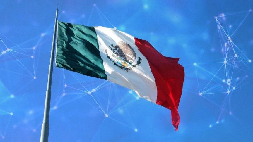 mexican flag waving on blue background