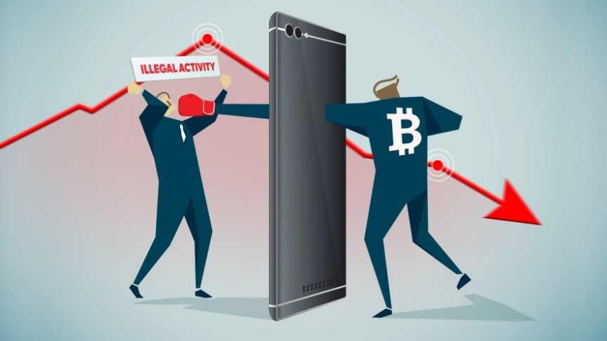 drawing of two people fist fighting through an iphone, Bitcoin written on back of right person, Illegal activity written on the other, red graph pointing downwards