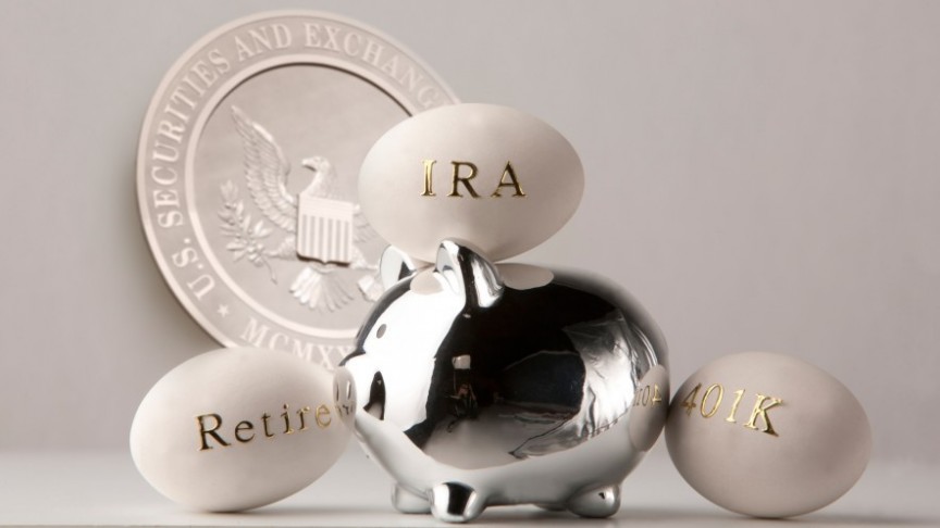 white eggs inscribed in gold (IRA, Retirement, 401K), on and on both sides of a silver piggy bank, in the background a silver plate with SEC logo