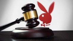 Playboy logo in red, gavel in black and gold