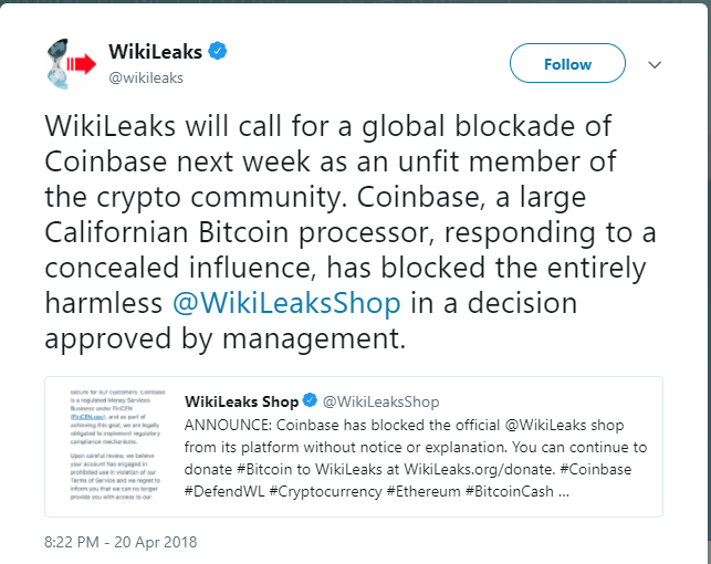 Wikileaks global blockade of coinbase